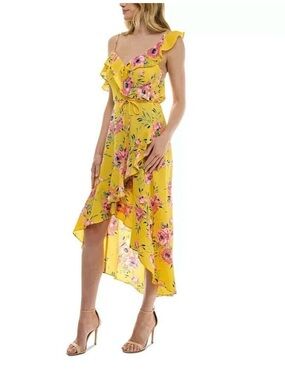 BCX Yellow Floral V-Neck Dress with Blue Accents